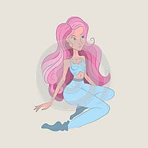 Cute cartoon girl with pink hair like barbie, vector illustration