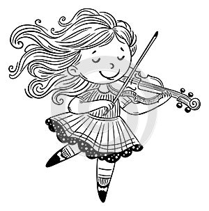 Cute cartoon girl plays music on the violin. Isolated outline vector illustration