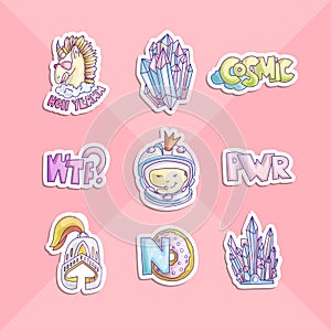 Cute cartoon girl power stickers. Astronaut girl, unicorn, donut, helmet and girl power lettering in sticker style