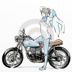 Cute cartoon girl riding motorcycle