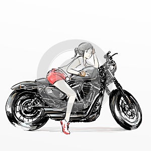 Cute cartoon girl riding motorcycle