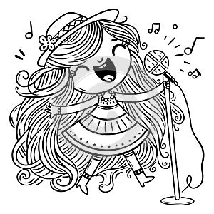 Cute cartoon girl singing a folk song into a microphone while standing on stage. Kids vector illustration. Coloring page