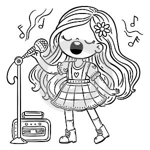 Cute cartoon girl singing song into microphone, standing on stage. Kids creative activities outline illustration