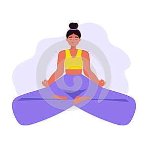 Cute cartoon girl sitting in yoga pose. Meditating and yoga. International yoga day. Female character doing yoga
