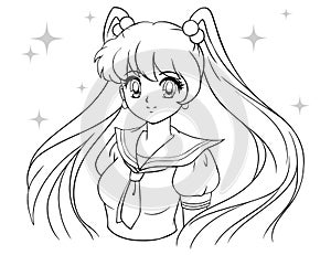 Cute cartoon girl with tails in school sailor uniform. 90s anime and manga style hand drawn vector illustration