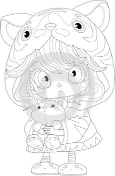 Cute cartoon girl in tiger costume with teddy bear toy sketch template. Graphic vector illustration in black and white