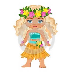 Cute cartoon girl in traditional Hawaiian dancer costume.