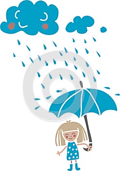 Cute cartoon girl under the rain