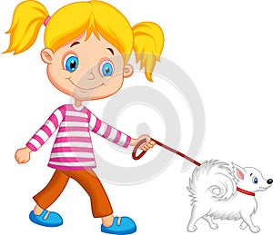 Cute cartoon girl walking with dog