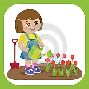 Cute Cartoon Girl With Watering Can Working In Garden. Young Farmer Girl Watering Tulip Flowers.