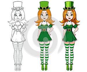 Cute cartoon girl wearing St. Patrick s day costume