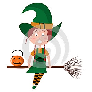 Cute cartoon girl witch character. Witch flying on broomstick with pumpkin. Halloween vector illustration of girl in