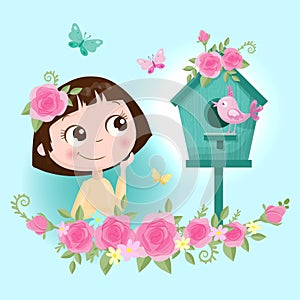 Cute cartoon girl in a wreath of roses flowers with butterflies. Vector illustration