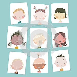 Cute Cartoon Girls and Boys Portraits Different Nations