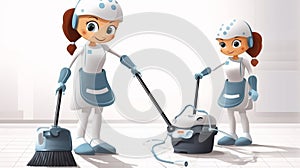 Cute cartoon girls cleaning the floor in the room with vacuum cleaner.