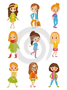 Cute cartoon girls in fashionable clothes set vector Illustrations on a white background