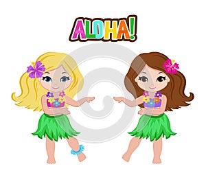 Cute cartoon girls in traditional Hawaiian dancer costume. photo