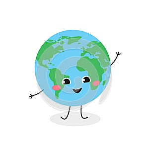 Cute cartoon globe character greeting waving hand