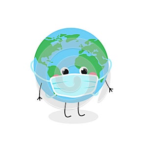 Cute cartoon globe character wearing face mask