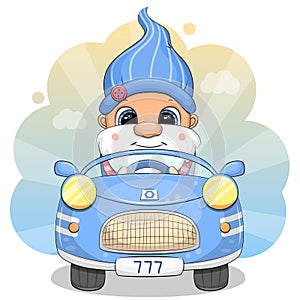 Cute cartoon gnome driving a car.