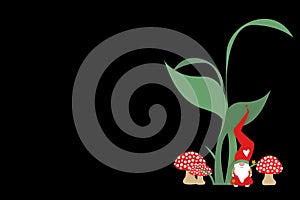 Cute cartoon gnome with long red hat. Banner Scandinavian Nordic Santa Claus Elf in the woodland, vector isolated on black