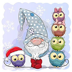 Cute Cartoon Gnome and Owls blue background photo