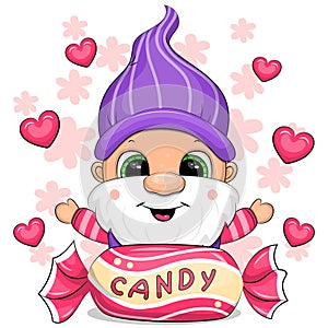 Cute cartoon gnome with purple hat and pink candy.
