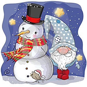 Cute Cartoon Gnome and Snowman photo