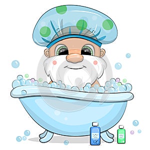 A cute cartoon gnome with is taking a bath.