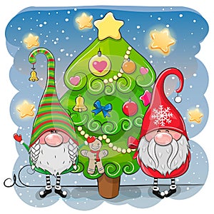 Cute cartoon gnomes and Christmas tree photo