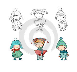 Cute cartoon gnomes . Forest elves. Little fairies. Illustration for coloring books. Monochrome and colored versions