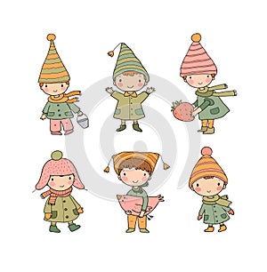 Cute cartoon gnomes . Forest elves. Little fairies. Little cheerful boys in winter hats