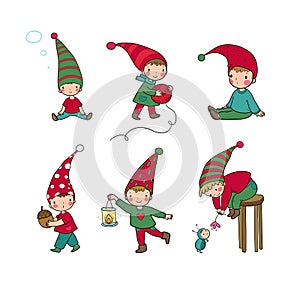 Cute cartoon gnomes . Forest elves. Little fairies. Little cheerful boys in winter hats