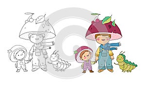 Cute cartoon gnomes ,his brother and caterpillar. Cheerful garden elves. Boys in carnival costumes. Illustration for