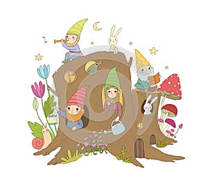 Cute cartoon gnomes in a stump house. Magic forest elves