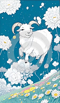 cute cartoon goat jumping on a flowering meadow