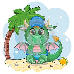 Cute cartoon green baby dragon in a hat on the beach in Hawaii. Symbol of 2024 according to the Chinese calendar