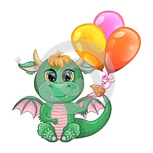 Cute cartoon green baby dragon with horns and wings. Symbol of 2024 according to the Chinese calendar