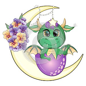 Cute cartoon green baby dragon on the moon. Symbol of 2024 according to the Chinese calendar.