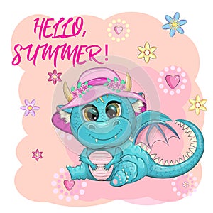 Cute cartoon green baby dragon in a summer hat, swim ring. Symbol of 2024 according to the Chinese calendar.