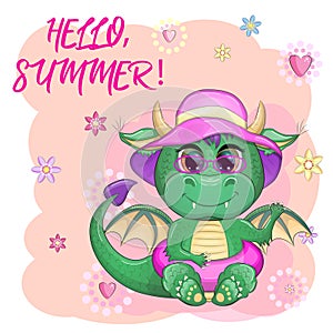 Cute cartoon green baby dragon in a summer hat, swim ring. Symbol of 2024 according to the Chinese calendar.