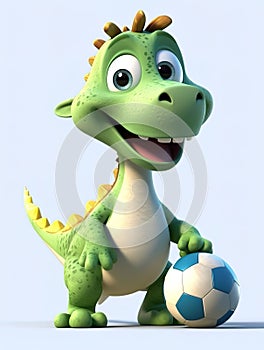 Cute cartoon green dinosaur is playing with a soccer ball. AI Generated