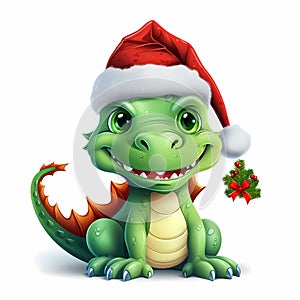 Cute cartoon green dragon in santa hat. 2024 new year, chinese calendar. Gifts, Christmas tree toy, candycane a New Year