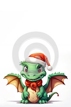 Cute cartoon green dragon wearing a red santa hat on a white background. The dragon is the symbol of 2024. New Year holiday