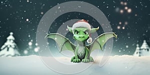 Cute cartoon green dragon with wings symbol new year 2024 in red Santa hat on snowy background with copy space. Mascot