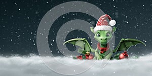 Cute cartoon green dragon with wings symbol new year 2024 in red Santa hat on snowy background with copy space. Mascot