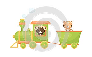 Cute cartoon green train with musk-ox driver and tiger on waggon on white background. Design for childrens book, greeting card,