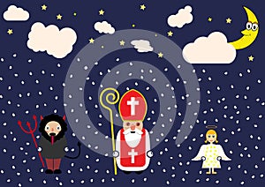 Cute cartoon greeting card with Saint Nicholas, angel and devil character