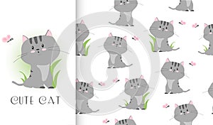 Cute cartoon grey cat with butterfly character. Card and seamless pattern set. Hand drawn textile design vector illustration