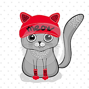 Cute cartoon grey cat with hat. Vector illustration